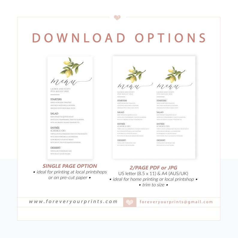 Wedding Menu Template, Wedding Table Decor, Lemon Wedding, Dinner Menu, Digital Download image 4