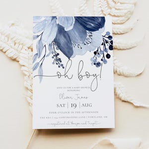 Boy Baby Shower Invitation | Oh Boy Baby Shower Template | Editable Floral Baby Sprinkle Invite Printable