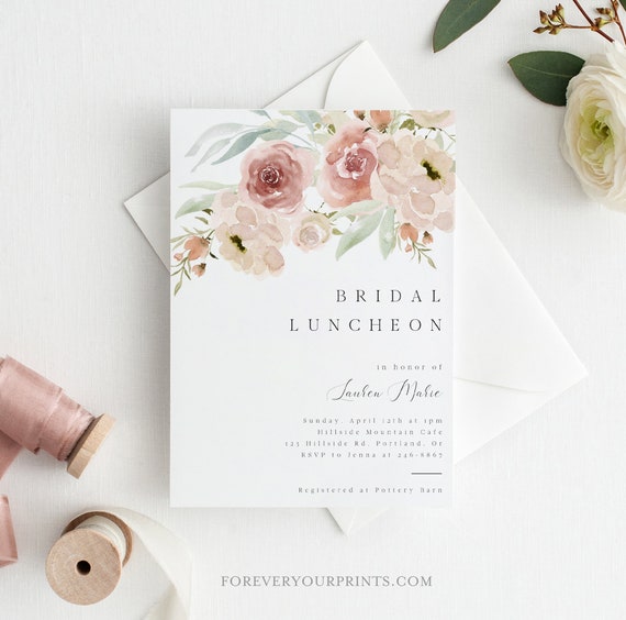 Bridal Luncheon Invitation Template, Floral Wedding Shower Invite, Blush Pink, Editable Invitation Instant Download, Includes Thank You Card Il_570xn