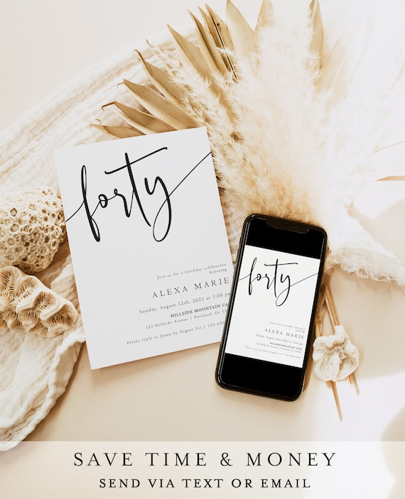 40th Birthday Invitation Template, Minimalist Adult Birthday Party Invites, Modern, 100% Editable Text, Instant Download Il_570xn