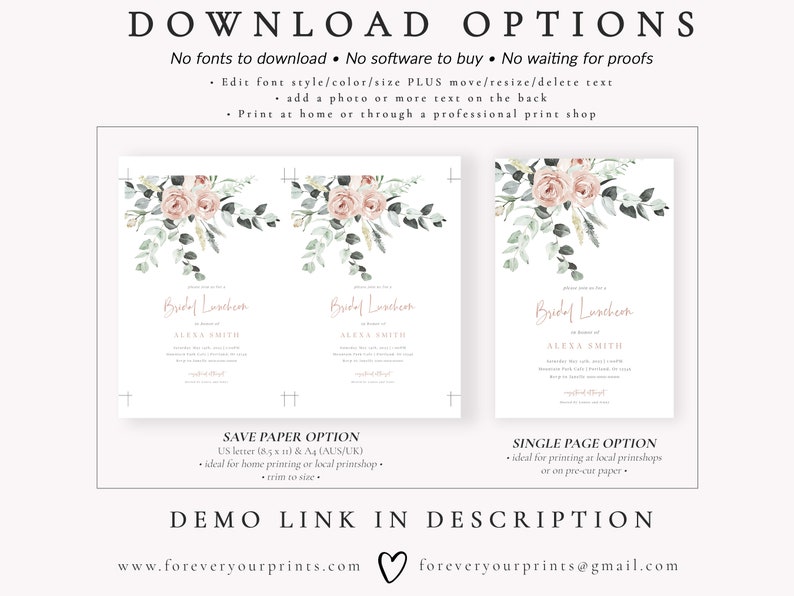 Bridal Luncheon Invitation Template, Floral Wedding Shower Invite, Blush Pink, Editable Invitation Instant Download image 7