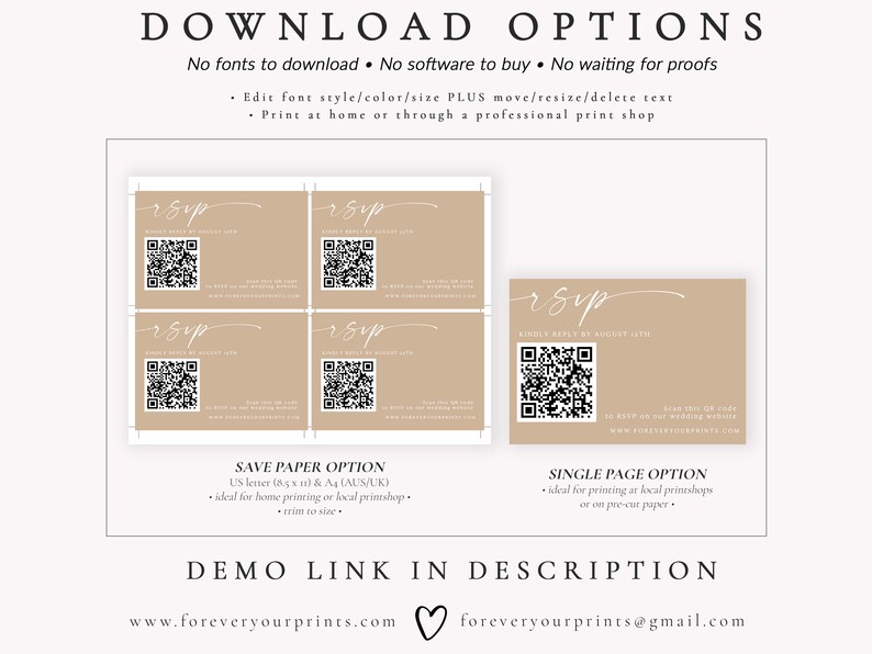 QR Code Rsvp Cards, Online Reply Card Template, Modern Minimalist, Boho, 100% Editable Text, Diy, Digital Download, Corjl image 5