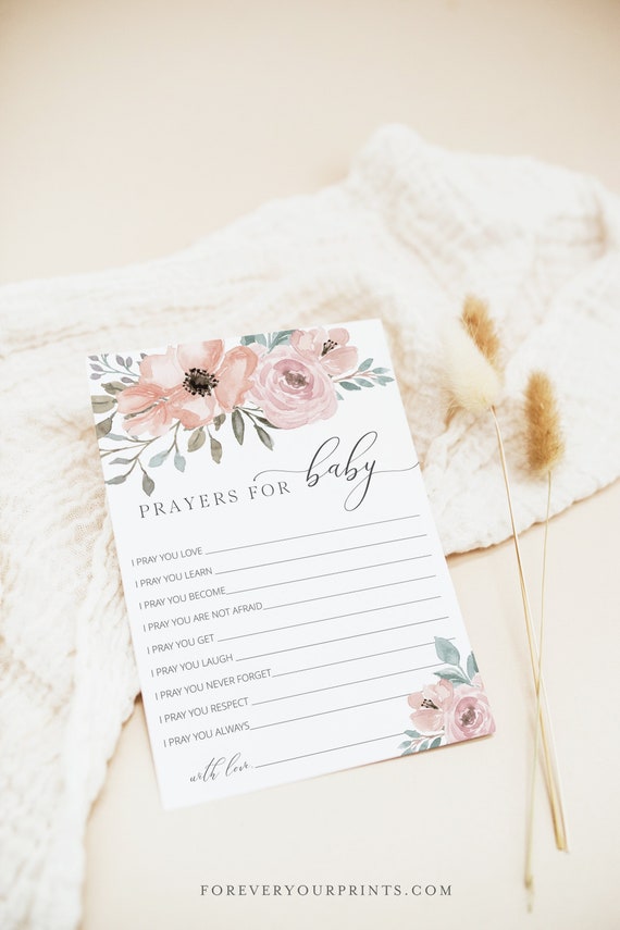 Prayers For Baby Card Template, Well Wishes for Baby, Floral Baby Girl Shower, Blush Pink, Baptism, Christening, INSTANT DOWNLOAD Il_570xn