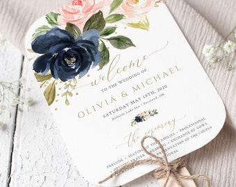 Wedding Program Fan Template, Navy Wedding, 100% Editable Instant Download, TRY BEFORE You BUY
