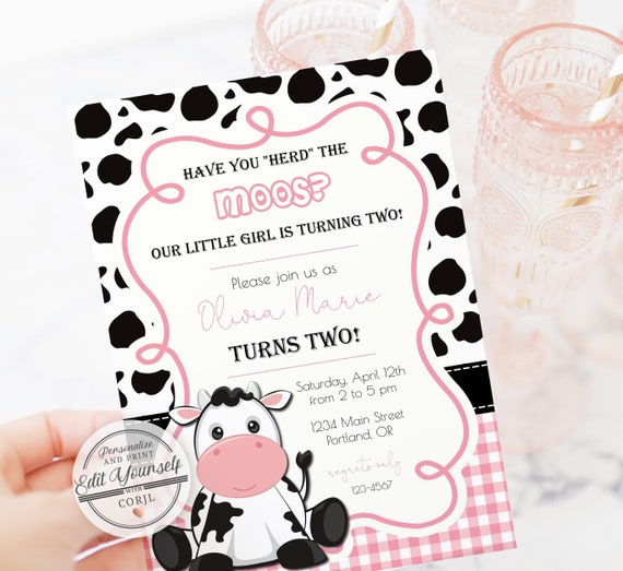 Girls Cow Birthday Invitation, Cow Party Invitation, Cow Party Invite, Cow Invitation, Girls Birthday, Girls Party Invite Il_570xn