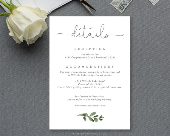 Editable Templett Details Card BP009 Wedding 3.5x5 Green Leaves Instant Download Template