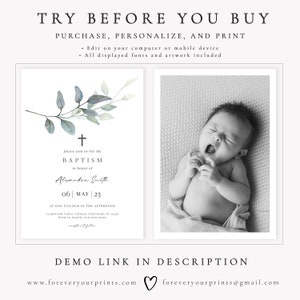 Baptism Invitation Template, Christening Invites, Minimalist Baptism, TRY BEFORE You BUY, Editable Instant Download image 3