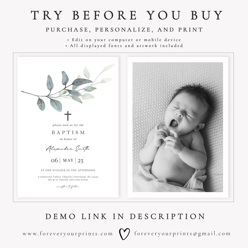 Baptism Invitation Template, Christening Invites, Minimalist Baptism, TRY BEFORE You BUY, Editable Instant Download image 3