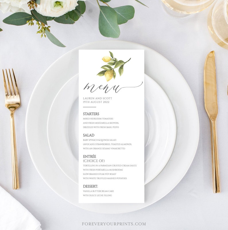 Wedding Menu Template, Wedding Table Decor, Lemon Wedding, Dinner Menu, Digital Download image 1