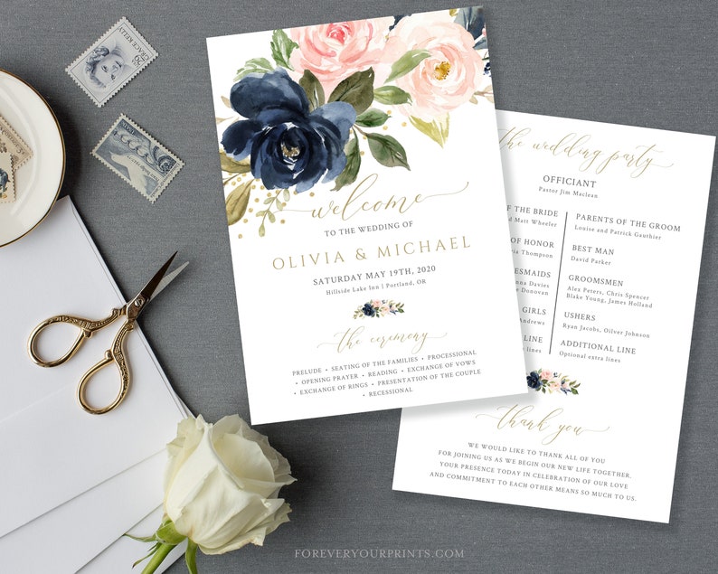 Wedding Program Fan Template, Navy Wedding, 100% Editable Instant Download, TRY BEFORE You BUY image 6