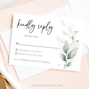 Wedding Rsvp Cards, Rsvp Card Template, Eucalyptus Greenery, 100% Editable Text, Diy, Digital Download image 3
