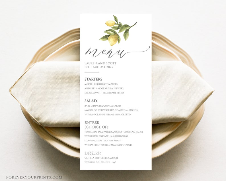 Wedding Menu Template, Wedding Table Decor, Lemon Wedding, Dinner Menu, Digital Download image 7