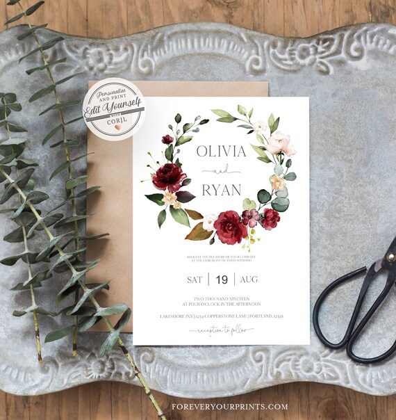 Floral Wedding Invitation Template, Burgundy Wedding Invitation Printable Wedding Invite Il_570xn