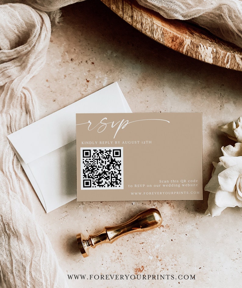 QR Code Rsvp Cards, Online Reply Card Template, Modern Minimalist, Boho, 100% Editable Text, Diy, Digital Download, Corjl image 1