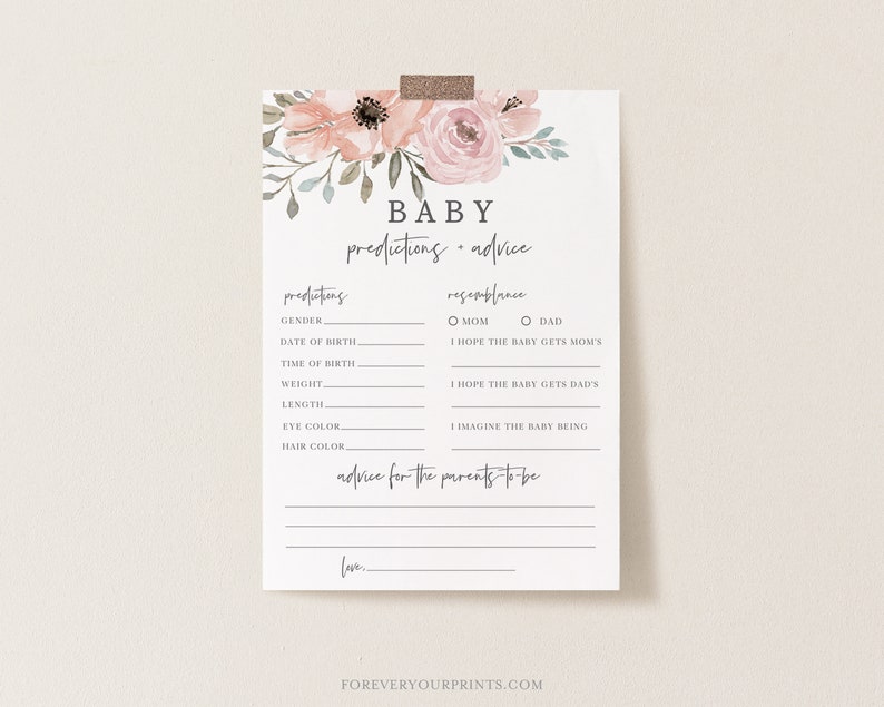 Baby Predictions and Advice Card, Baby Shower Games, Baby Girl, Diy, Printable, 100% Editable Text, INSTANT DOWNLOAD image 1