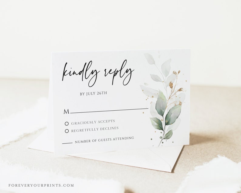 Wedding Rsvp Cards, Rsvp Card Template, Eucalyptus Greenery, 100% Editable Text, Diy, Digital Download image 1