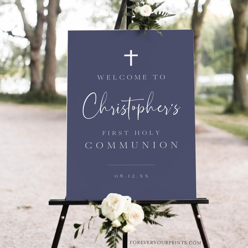 Communion Post Sign First Communion Welcome Sign Template | Navy Blue Printable Ceremony ...