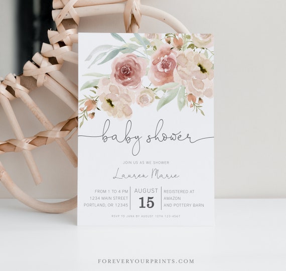Baby Girl Shower Invitation, Floral Baby Shower Invite, Digital Download, Editable Template, Blush Pink, Instant Download with Corjl Il_570xn