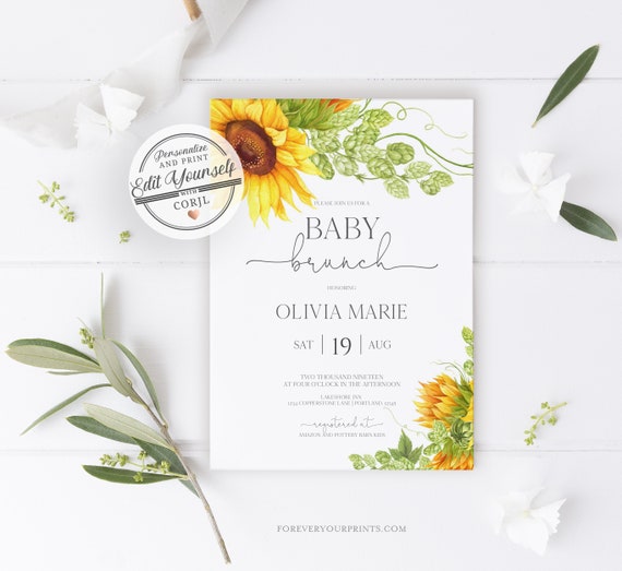 Sunflower Baby Brunch Invitation, Greenery Baby Shower Invite Template | Editable Instant Download Il_570xn