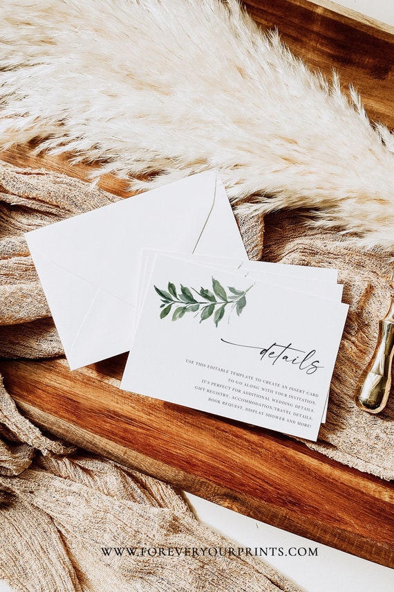 Modern Wedding Details Card Template, Minimalist Wedding Accommodations Card, Wedding Details Card, Eucalyptus Greenery, Instant Download Il_570xn