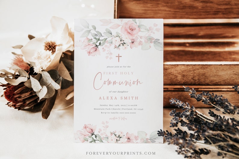 First Communion Invitations, Baptism Invitation Evite, Blush Pink Floral, 100% Editable Template, Personalized, Digital Download image 1