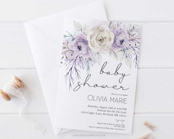 Purple Flowers Baby Shower Invitation Girl, TRY BEFORE You BUY, 100% Editable Text, Instant Download Il_570xn