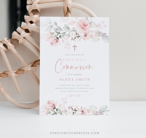First Communion Invitations, Baptism Invitation, Blush Pink Floral, Classic Modern Design, 100% Editable Template, Printable Il_570xn