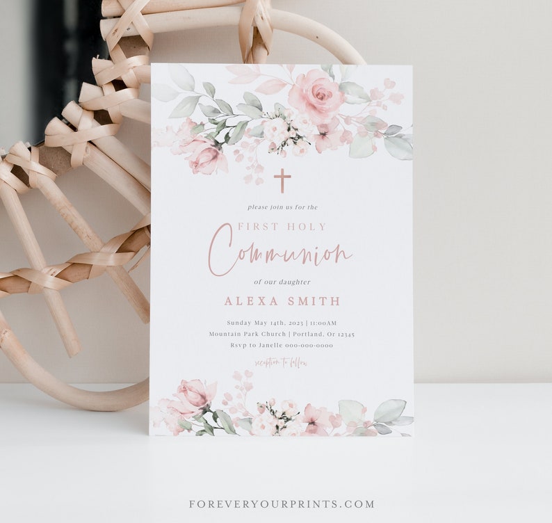First Communion Invitations, Baptism Invitation Evite, Blush Pink Floral, 100% Editable Template, Personalized, Digital Download image 6