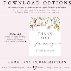 Thank You For Coming Sign Template Wildflower Favors Sign Wildflower Wedding Boho Bridal Shower Sign Baby Shower Sign image 5