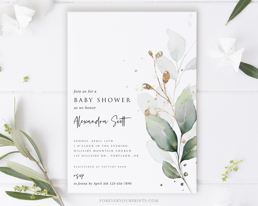 Printable Baby Shower Invitation Template, Eucalyptus Baby Shower ...