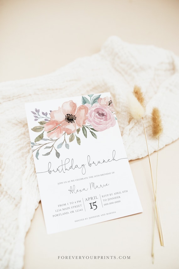 Birthday Brunch Invitation Template, Adult Birthday Party Invite, Blush Floral Birthday Invitations, Editable Text, Corjl Il_570xn