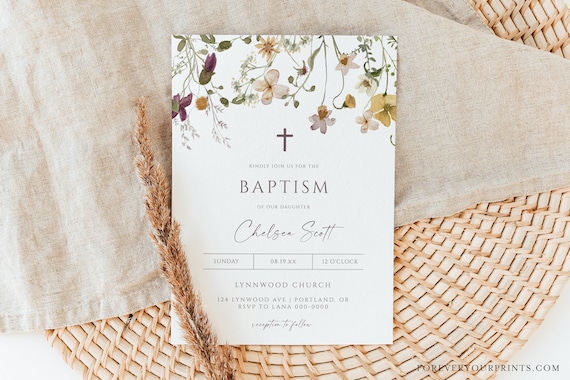 Baptism Invitation Girl, Wildflower Baptism Invite, Baby Girl Christening, Blush Pink, Editable Invitation, Digital Download, Corjl Il_570xn