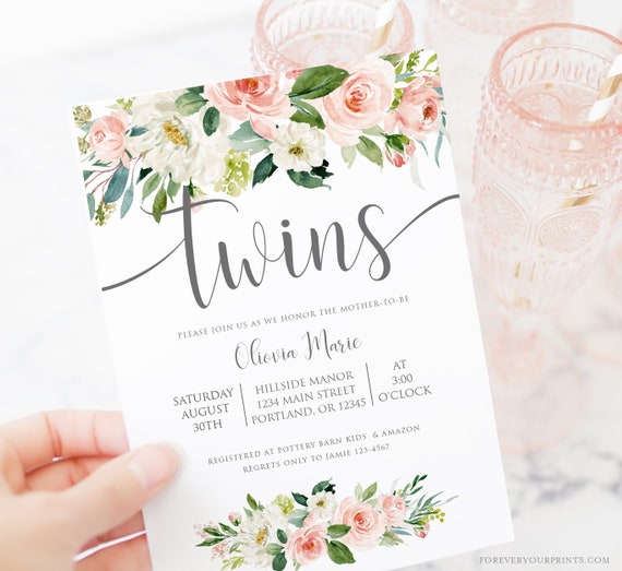 Floral Twins Baby Shower Invitation Template, TRY BEFORE You BUY | Editable Instant Download Il_570xn