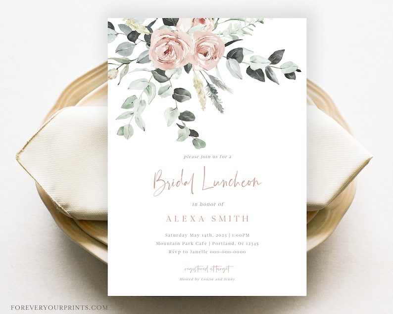 Bridal Luncheon Invitation Template, Floral Wedding Shower Invite, Blush Pink, Editable Invitation Instant Download image 1