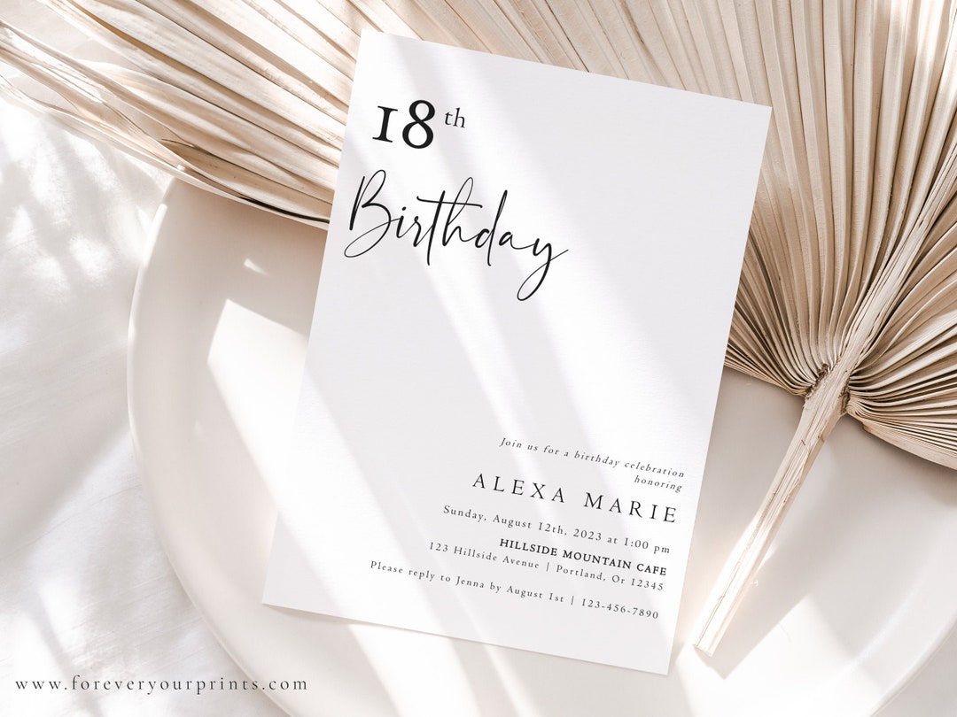 18th Birthday Invitation Template Minimalist Birthday Invites Modern 