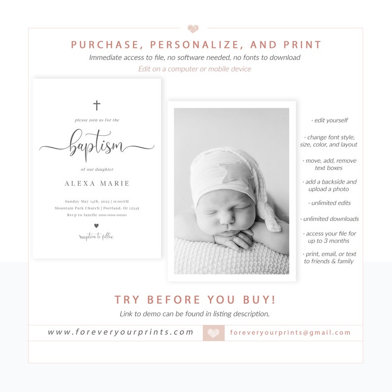 Classic Baptism Invitation Printable Editable Baptism Evite Etsy