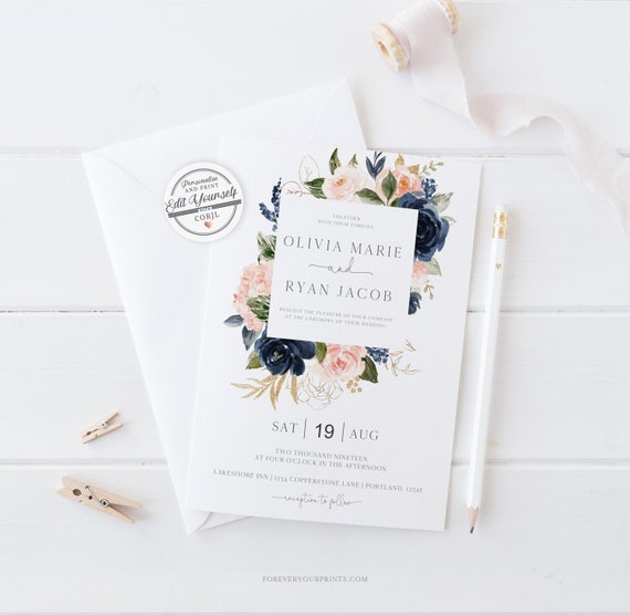 Navy Floral Wedding Invitation Template, TRY BEFORE You BUY, Editable Wedding Invite, Navy and Blush Floral Wedding Invite Il_570xn