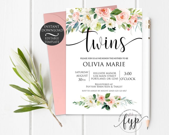floral twins baby shower invitation template editable instant baby shower invitations templates editable