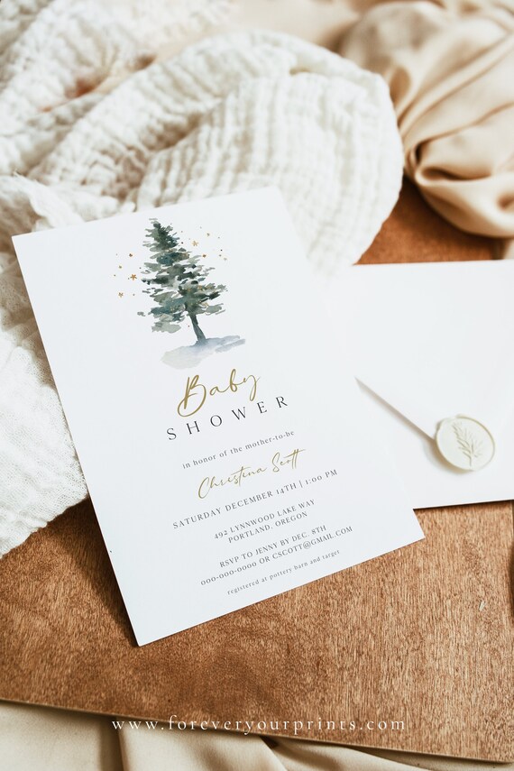 Winter Baby Shower Invitation Printable, Christmas Baby Shower, Rustic Evergreen Tree, Editable Template Il_570xn