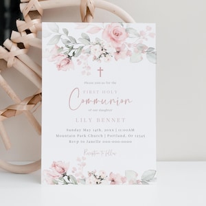 First Communion Invitations, Baptism Invitation, Blush Pink Floral, 100% Editable Template, Printable, Digital Download