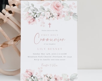 First Communion Invitations, Baptism Invitation, Blush Pink Floral, 100% Editable Template, Printable, Digital Download