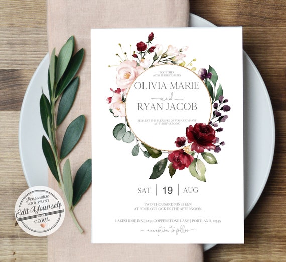Floral Wedding Invitation Template, Burgundy Wedding Invitation Printable Wedding Invite Il_570xn