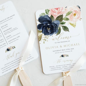 Wedding Program Fan Template, Navy Wedding, 100% Editable Instant Download, TRY BEFORE You BUY image 2