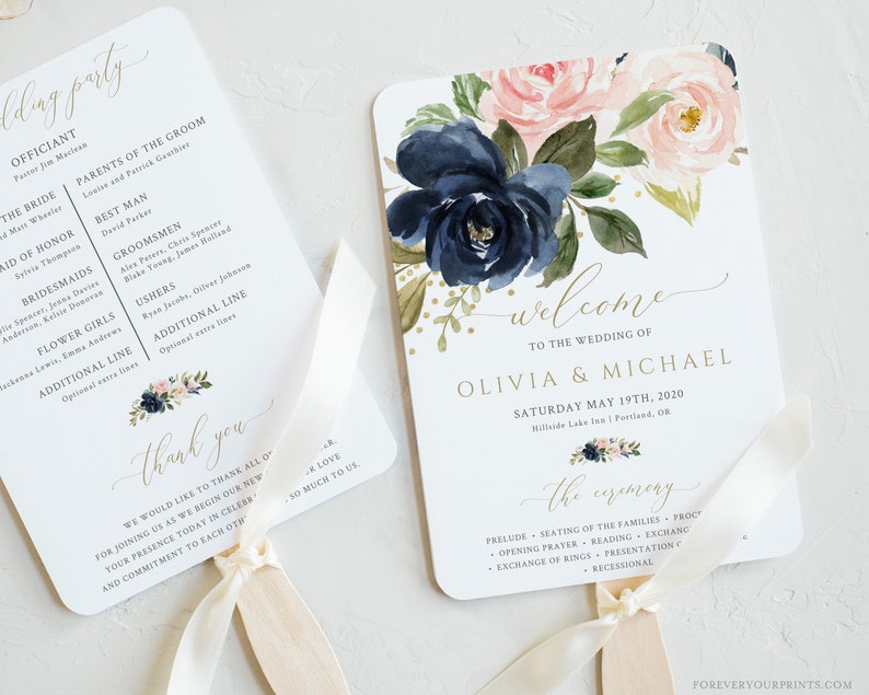 Wedding Program Fan Template, Navy Wedding, 100% Editable Instant Download, TRY BEFORE You BUY image 2