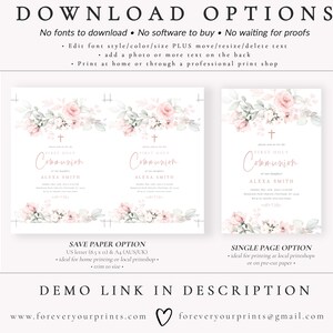 First Communion Invitations, Baptism Invitation Evite, Blush Pink Floral, 100% Editable Template, Personalized, Digital Download image 5