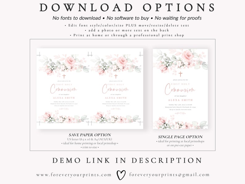 First Communion Invitations, Baptism Invitation Evite, Blush Pink Floral, 100% Editable Template, Personalized, Digital Download image 5