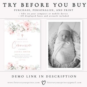First Communion Invitations, Baptism Invitation Evite, Blush Pink Floral, 100% Editable Template, Personalized, Digital Download image 2