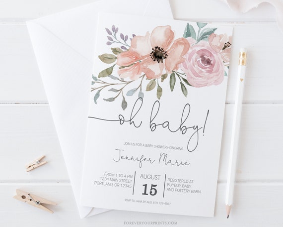 Floral Baby Shower Invitation Girl, Oh Baby Invite Instant Download, TRY BEFORE You BUY Il_570xn