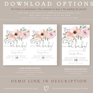 Floral Baby Shower Invitation Girl, Oh Baby Invite, Baby Shower Invite, Blush Pink, Baby Sprinkle Invite, Instant Download image 7