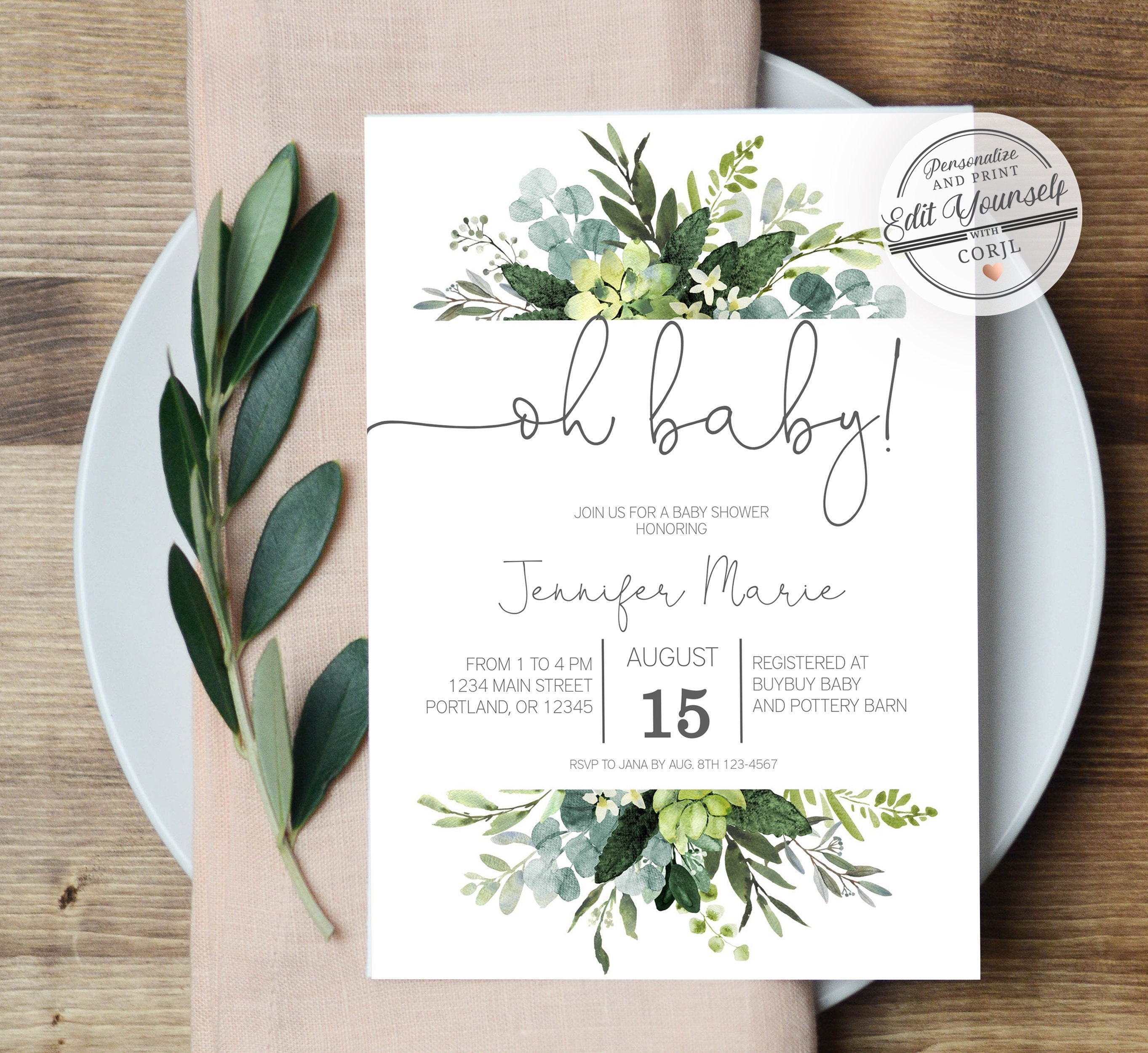 Greenery Baby Shower Invitation Template Eucalyptus Baby Etsy
